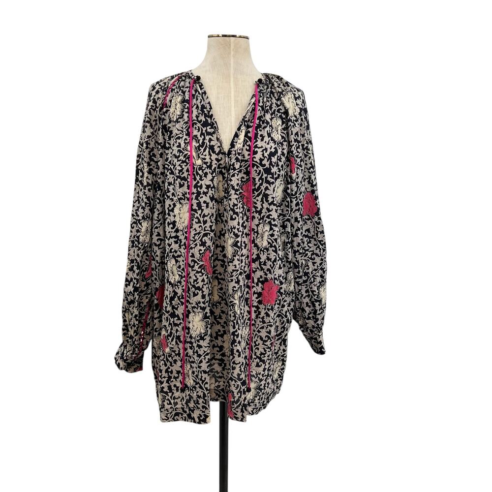 Cher Michel Klein‎ Tunic Top Floral Print Tasseled Navy Blue Size 38 US 6